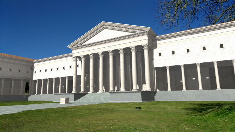 Foto der immer noch existierenden Säulen des Cigognier-Heiligtums in Aventicum mit einem 3D Modell des Cigognier-Heiligtums darüber gezeichnet.